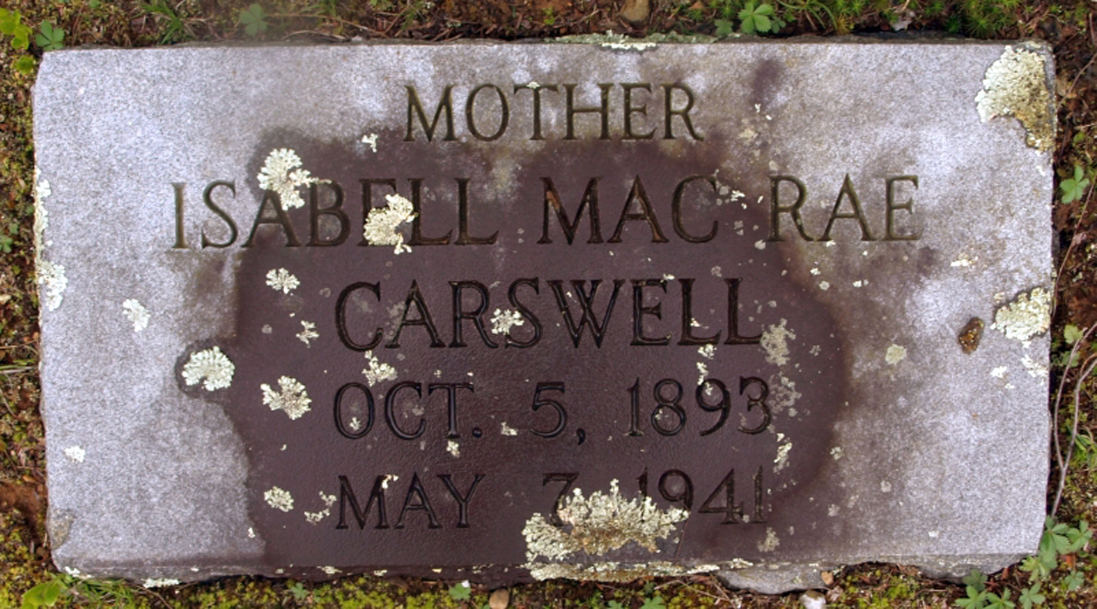 Photo of headstones/Isabell MacRae Carswell died 1941 MI Newland Cemetery North Carolina